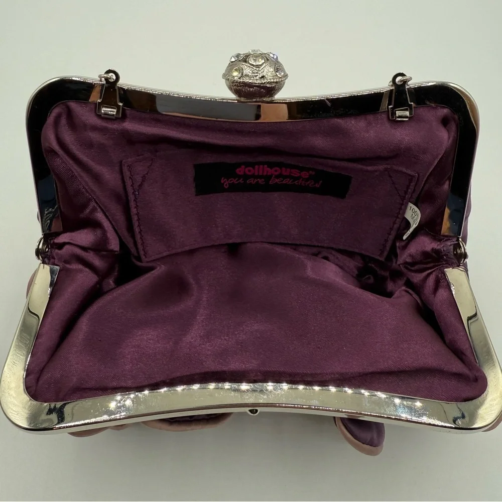 Dollhouse Satin Ruffled Front Jeweled Kiss-Lock Purple Handbag ClutchFormal Prom